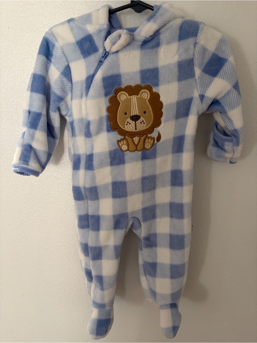 Cozy Blue & White Plaid Fleece One-Piece with Lion Applique